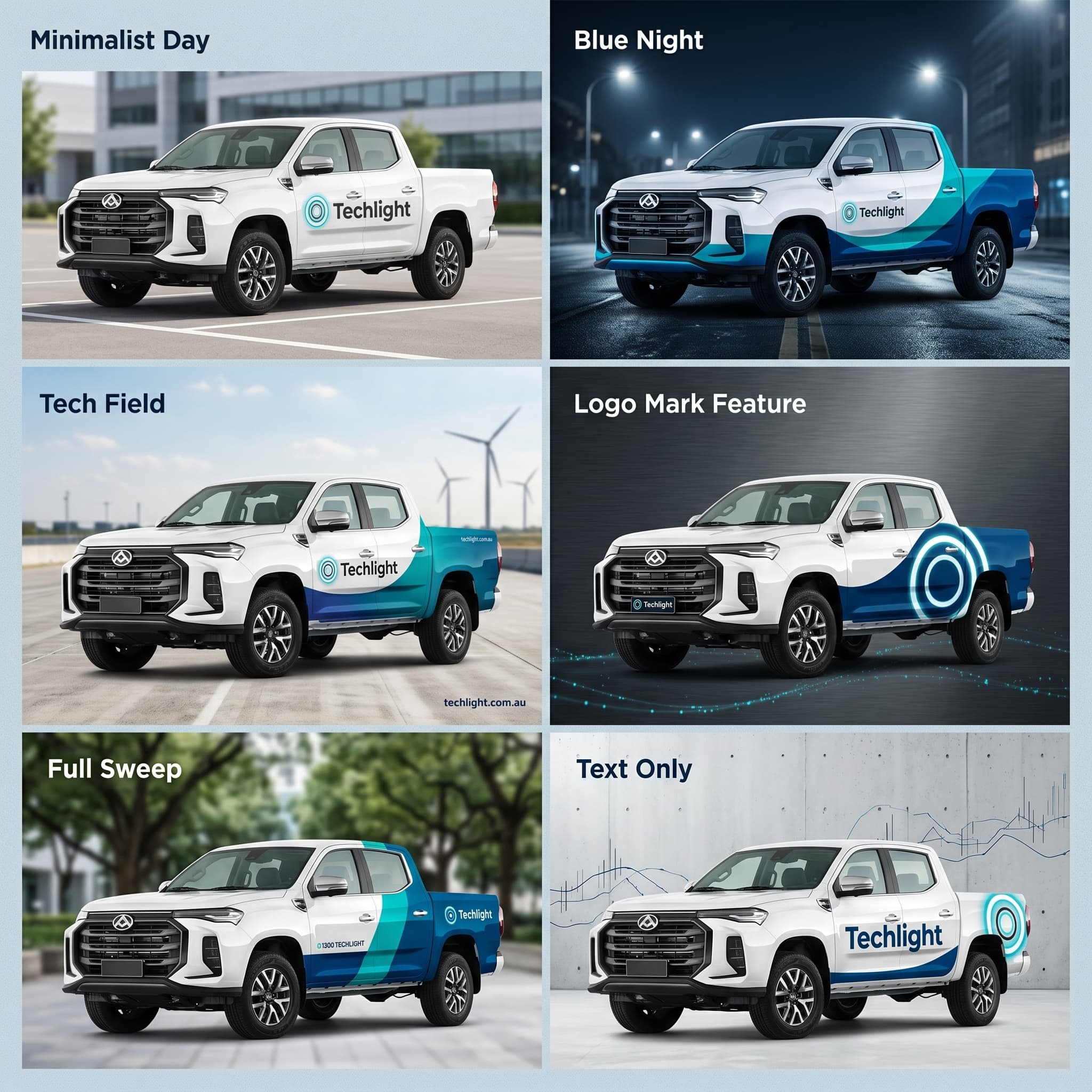 Six Techlight vehicle livery concepts on a dual-cab ute
